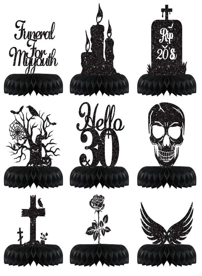 Koeilay 9 Pcs Death to My 20s Decorations 30th Birthday Decorations Rip to My 20s Honeycomb Centerpiece Gothic Table Decor Glitter Funeral for My Youth Halloween Black Birthday Party Supplies for Men Women - Image 1